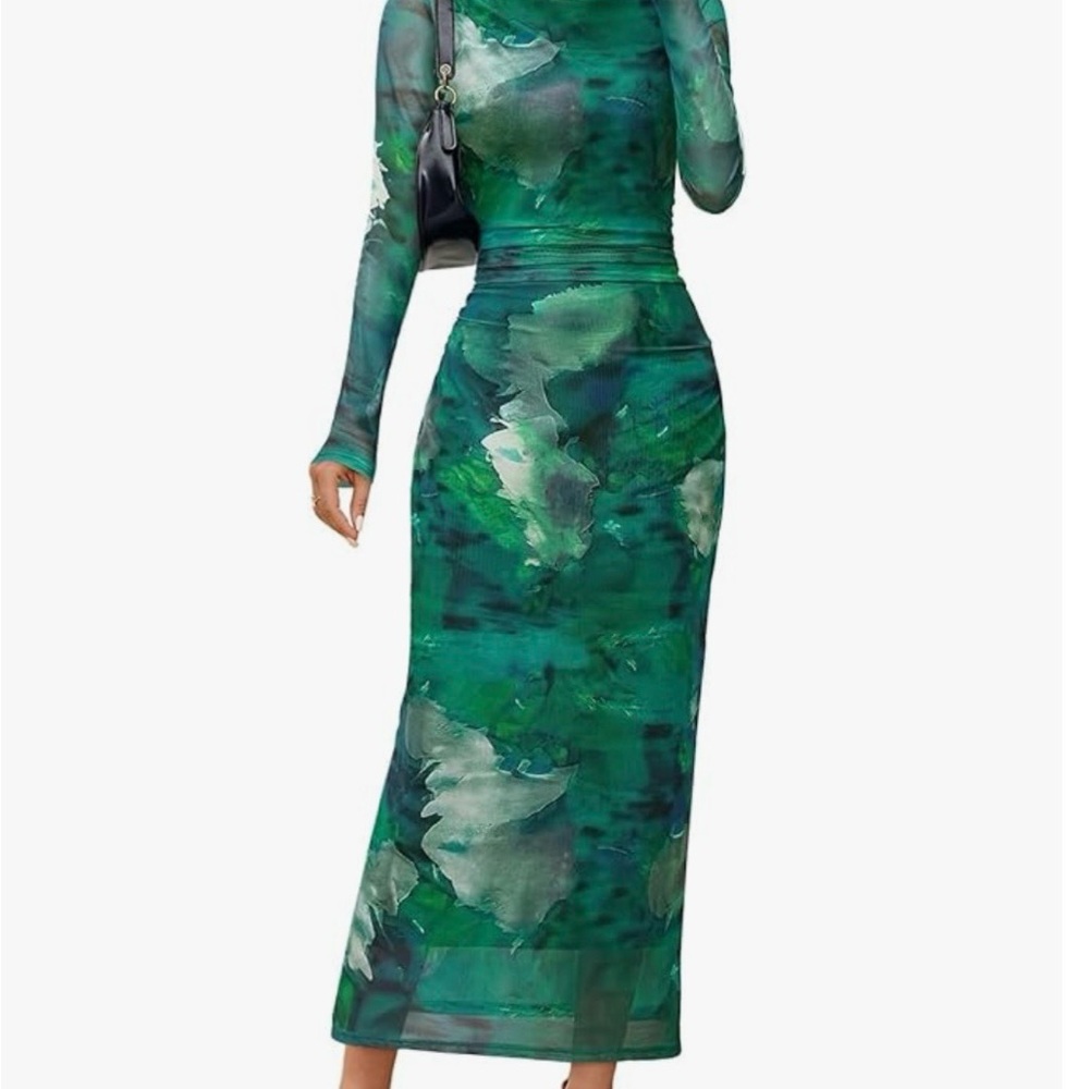 Elegant Green Patterned Long Sleeve Dress - MEROKEETY size L